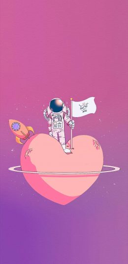 [2436x1125]渐变 粉色 宇航员 爱心 苹果手机动漫壁纸图片