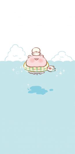 [2436x1125]游泳 猪 蓝色 可爱 萌 苹果手机动漫壁纸图片