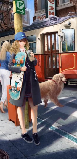 [2436x1125]滑板 少女 金毛 公车 苹果手机动漫壁纸图片