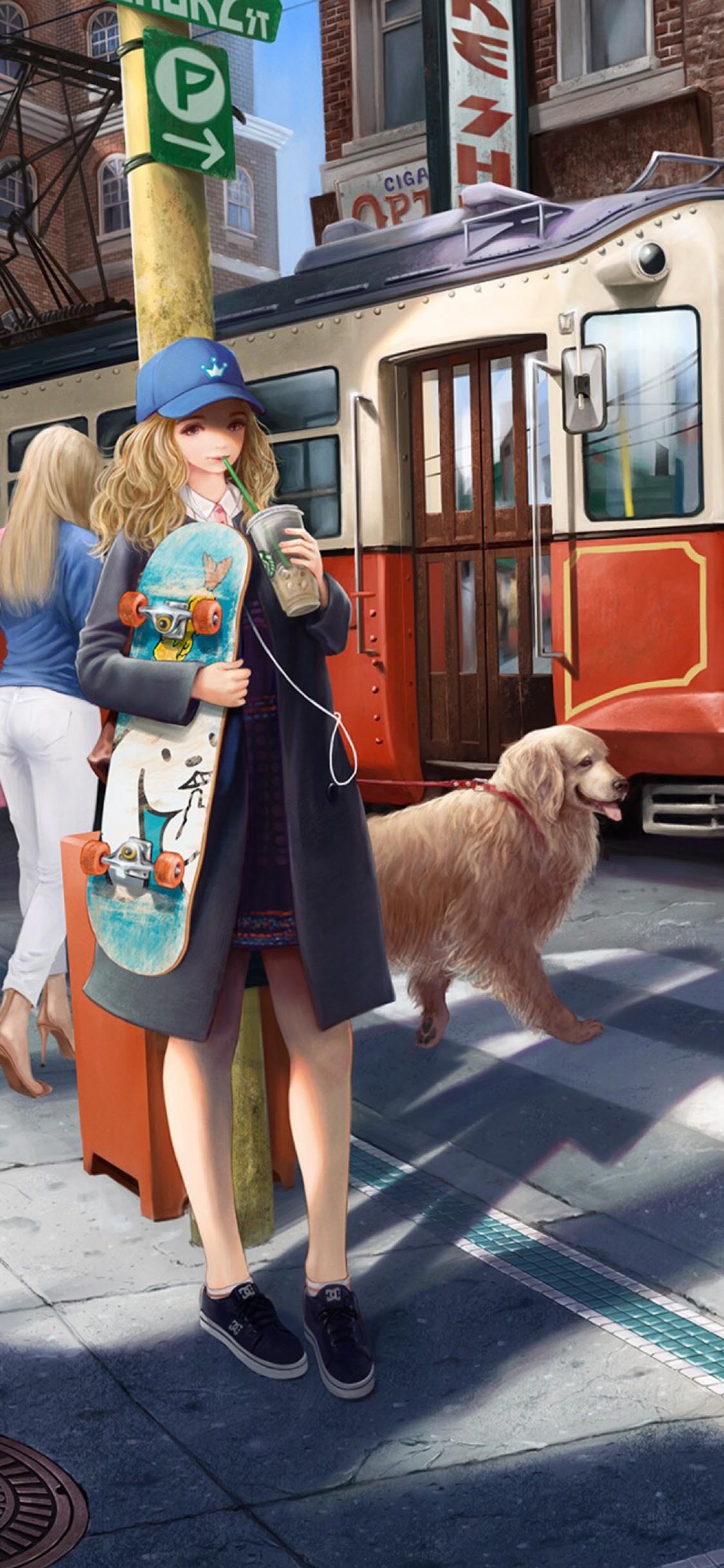 [2436×1125]滑板 少女 金毛 公车 苹果手机动漫壁纸图片