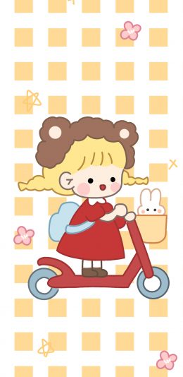 [2436x1125]滑板车 可爱 女孩 方格 苹果手机动漫壁纸图片