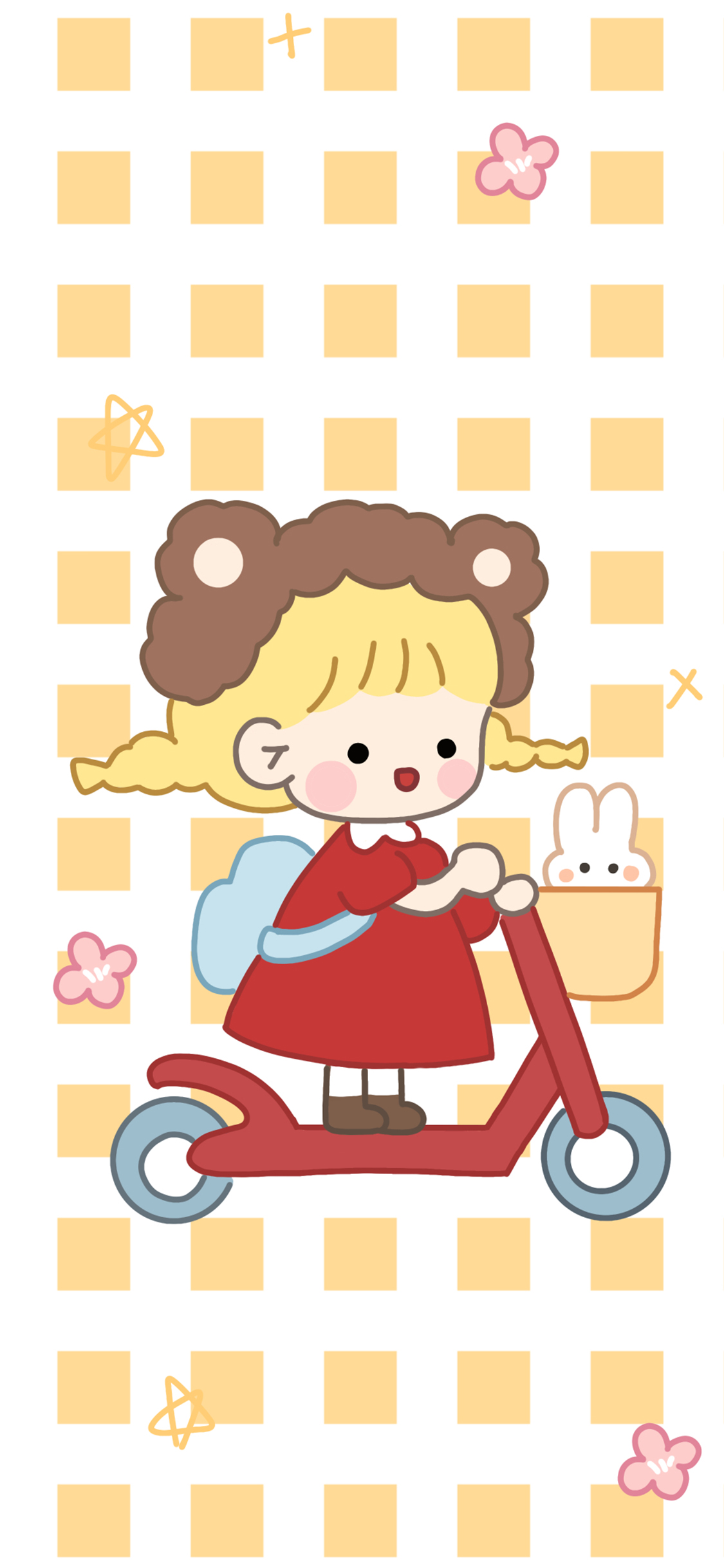 [2436×1125]滑板车 可爱 女孩 方格 苹果手机动漫壁纸图片