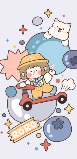 [2436x1125]滑板车 小女孩 狗狗 可爱 @肉肉酱 苹果手机动漫壁纸图片