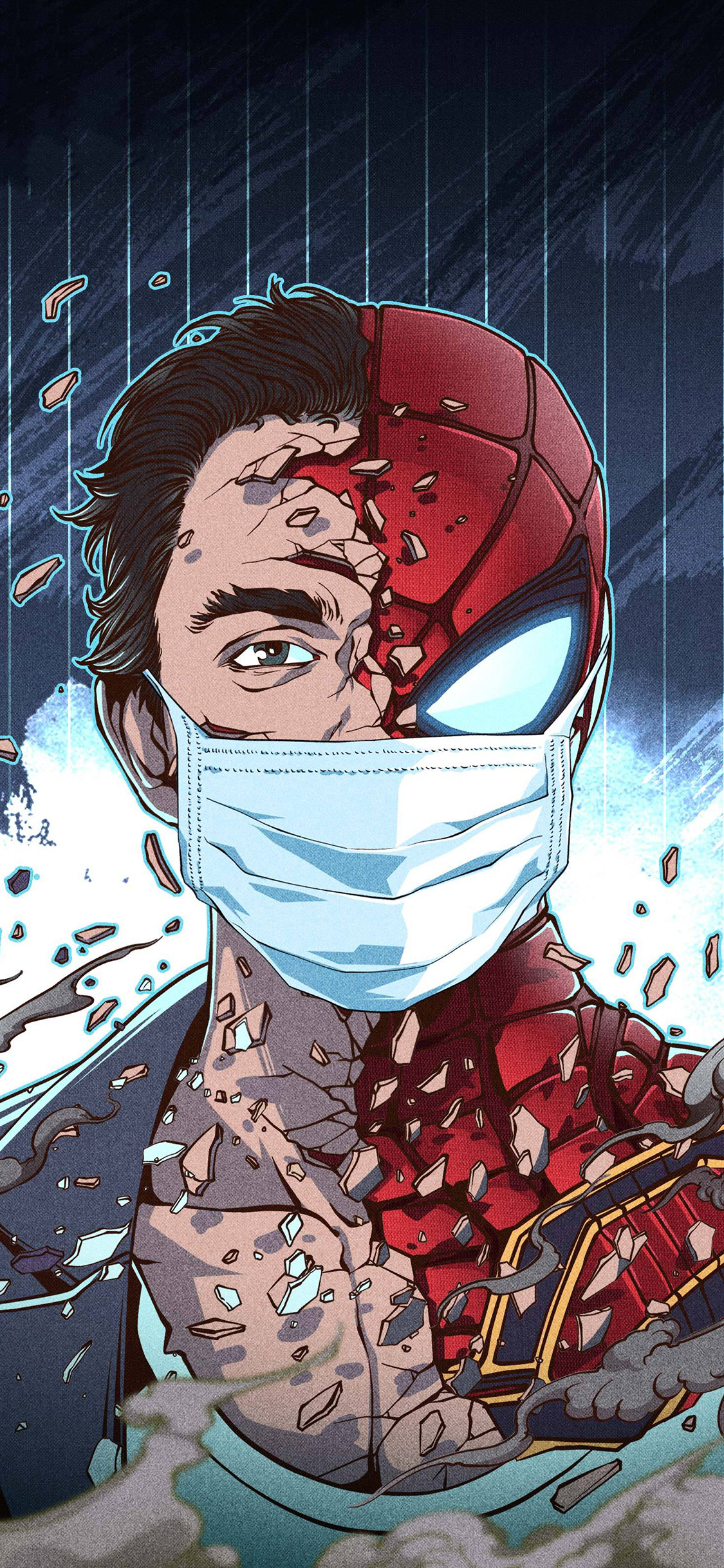 [2436×1125]漫威 插画 蜘蛛侠 口罩 疫情（取自站酷网：插画杨权） 苹果手机动漫壁纸图片