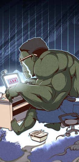 [2436x1125]漫威 英雄 绿巨人 买口罩 疫情（取自站酷网：插画杨权） 苹果手机动漫壁纸图片