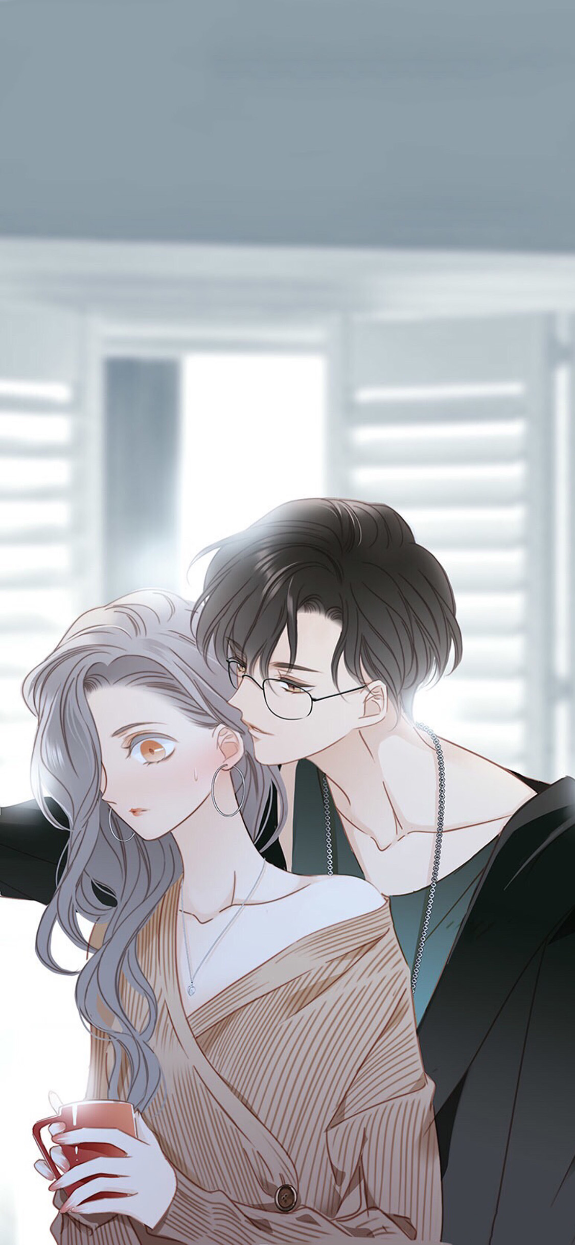 [2436×1125]漫画 1st kiss 情侣 拥抱 苹果手机动漫壁纸图片