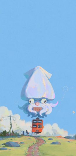 [2436x1125]漫画 向往镇 鱿鱼 缆车 苹果手机动漫壁纸图片