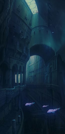 [2436x1125]漫画 场景 鱼 建筑 苹果手机动漫壁纸图片