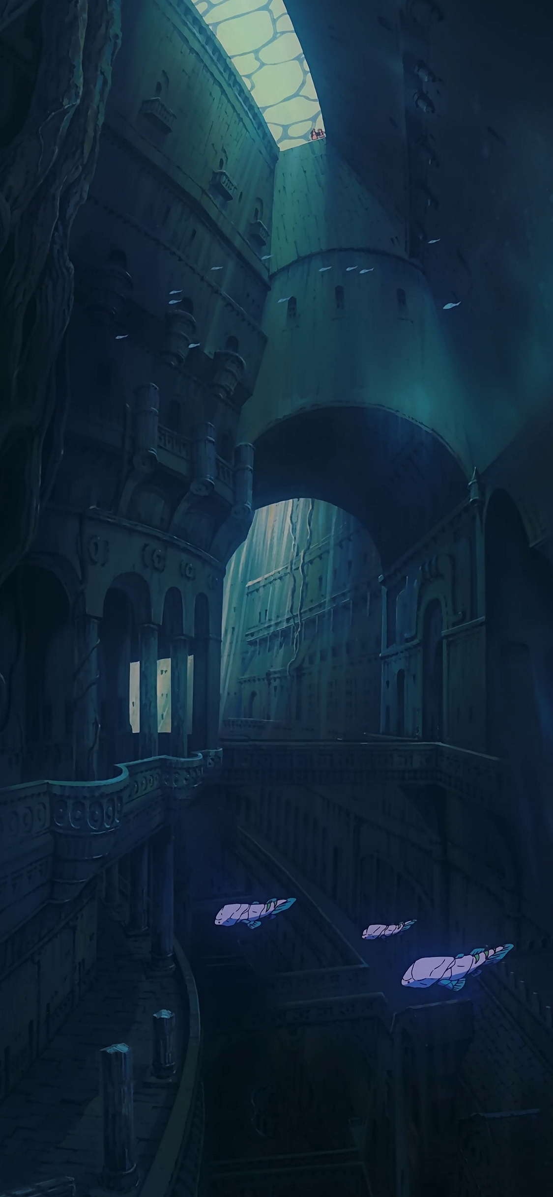 [2436×1125]漫画 场景 鱼 建筑 苹果手机动漫壁纸图片