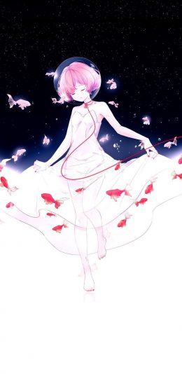 [2436x1125]漫画女孩 唯美 金鱼 短发 少女 二次元 苹果手机动漫壁纸图片