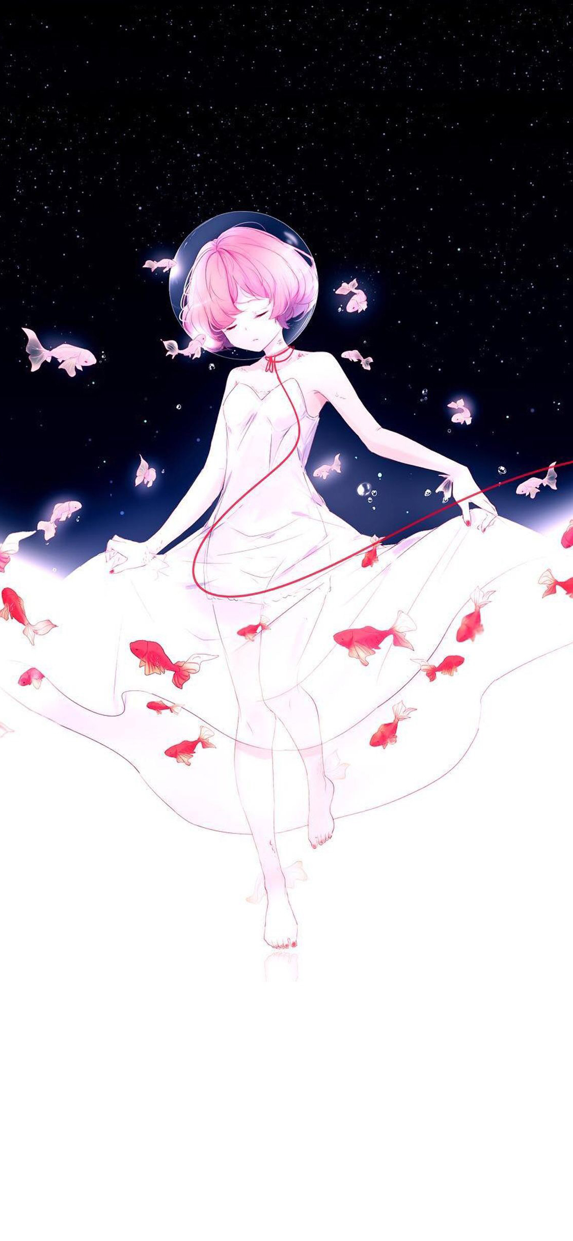 [2436×1125]漫画女孩 唯美 金鱼 短发 少女 二次元 苹果手机动漫壁纸图片