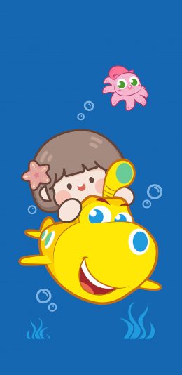 [2436x1125]潜艇总动员 卡通 插画 海底  肉肉酱 苹果手机动漫壁纸图片