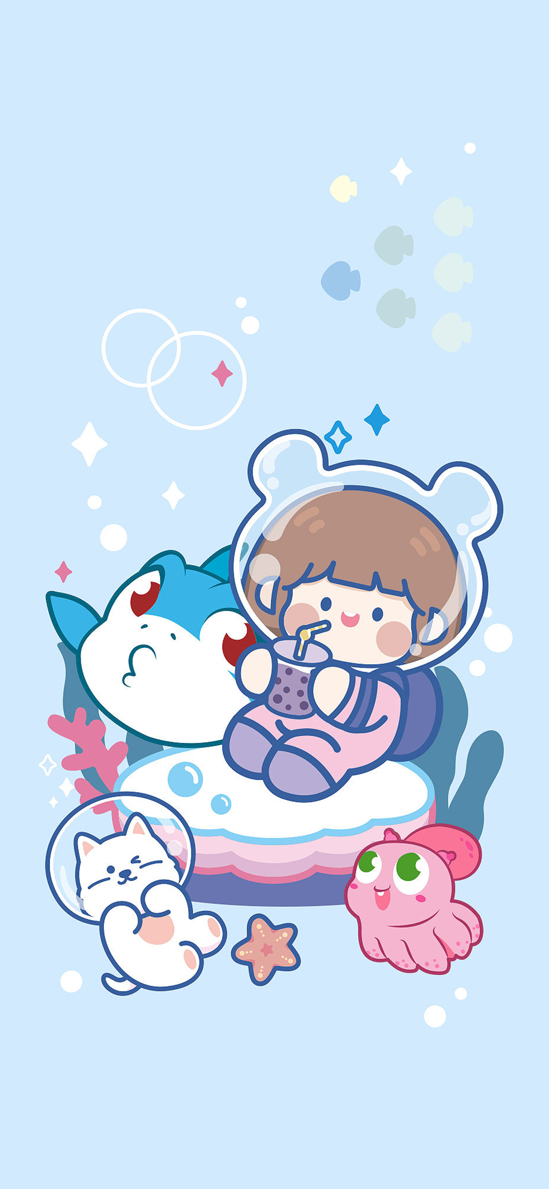 [2436×1125]潜艇总动员 卡通 插画 海底 章鱼 肉肉酱 苹果手机动漫壁纸图片