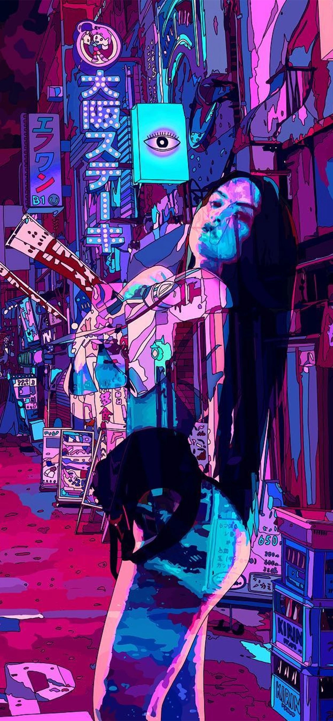 [2436×1125]潮图 女孩 色彩 大阪 苹果手机动漫壁纸图片