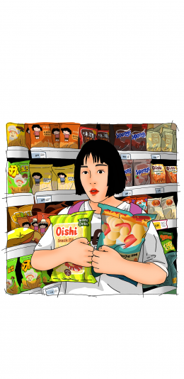 [2436x1125]潮图 女孩 超市 薯片 苹果手机动漫壁纸图片