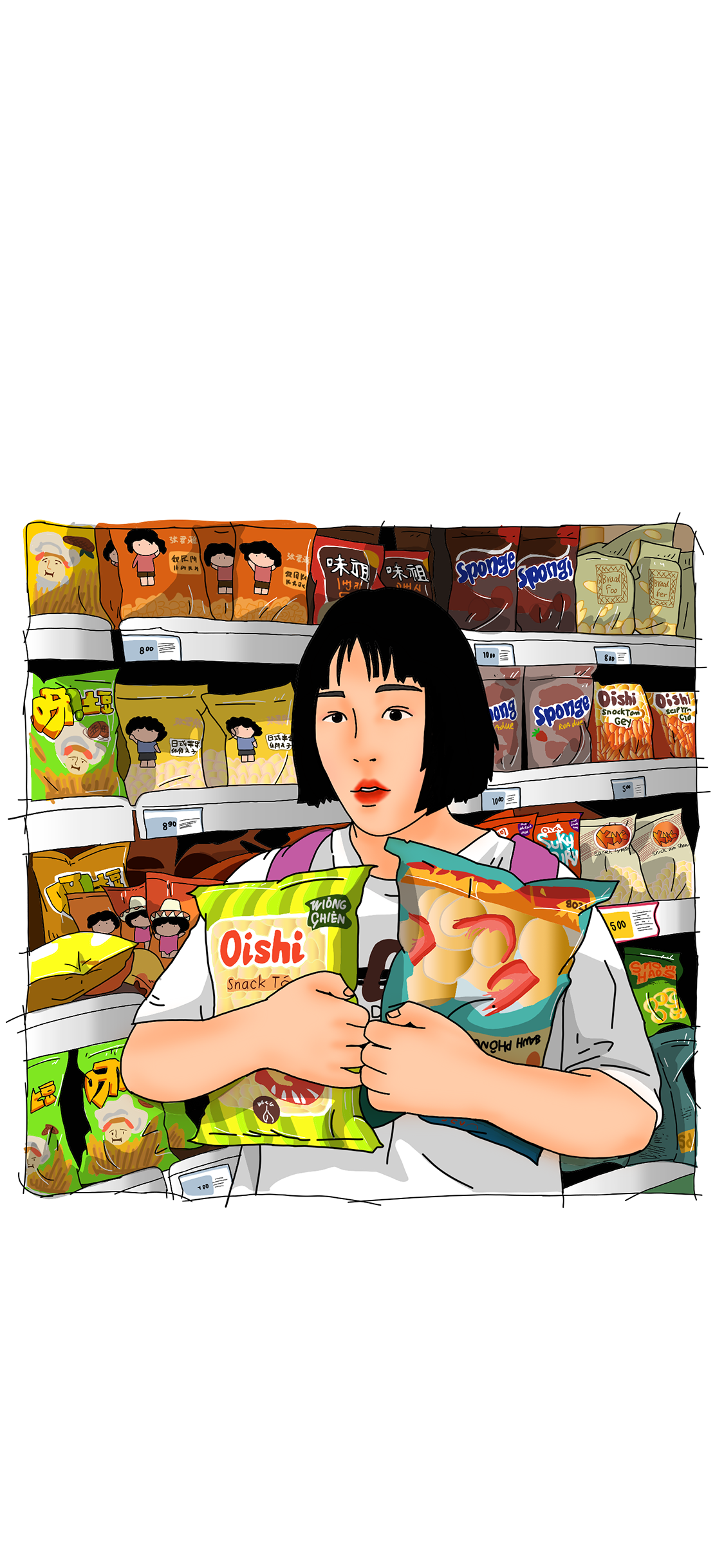 [2436×1125]潮图 女孩 超市 薯片 苹果手机动漫壁纸图片