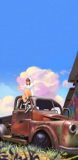 [2436x1125]潮图 插图 汽车 怀旧 女孩 万斯 苹果手机动漫壁纸图片