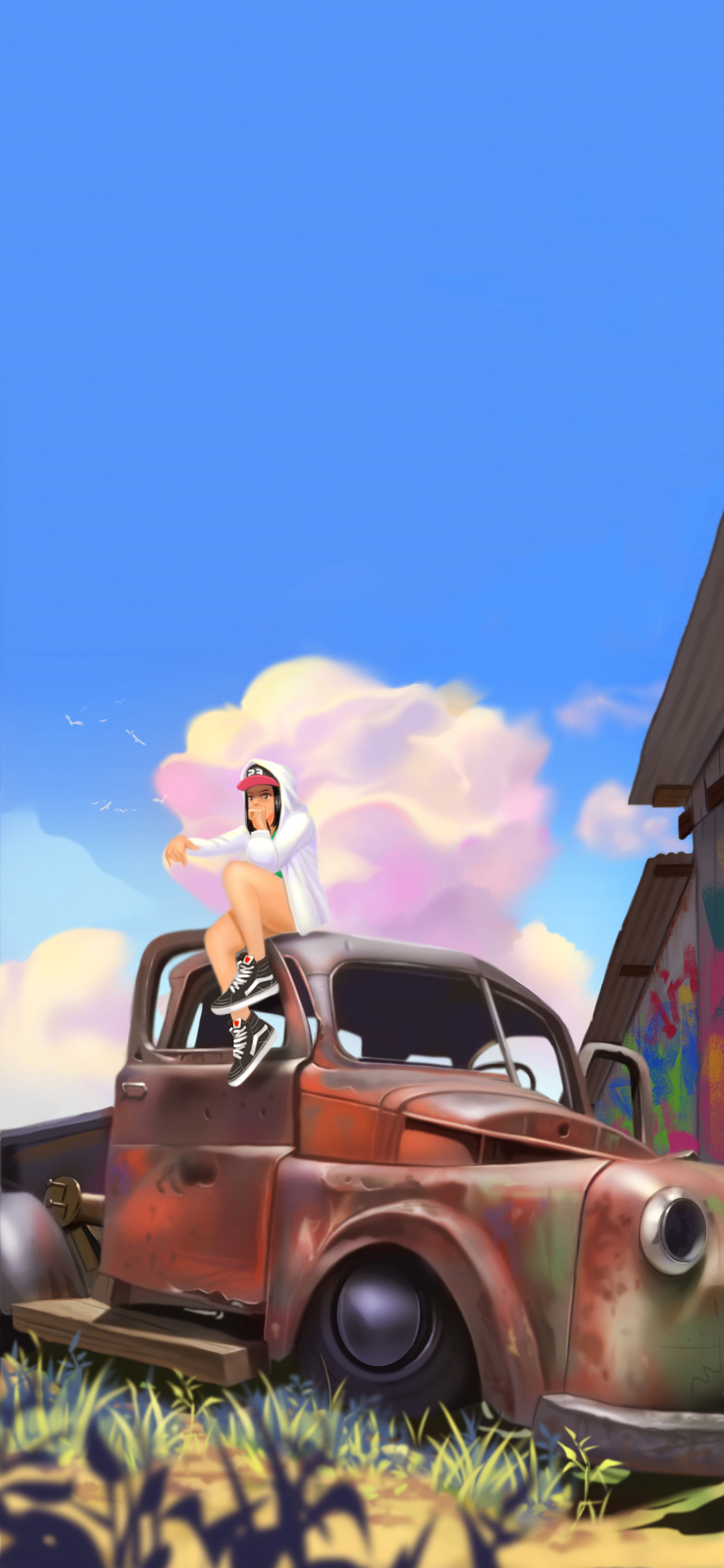 [2436×1125]潮图 插图 汽车 怀旧 女孩 万斯 苹果手机动漫壁纸图片