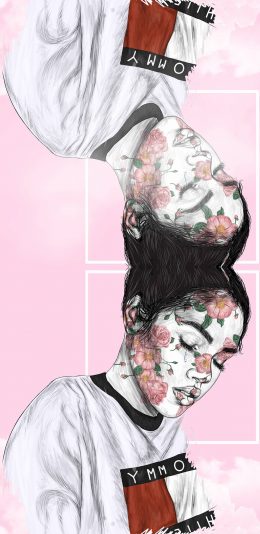 [2436x1125]潮图 插画 女孩 花纹 粉色系 苹果手机动漫壁纸图片
