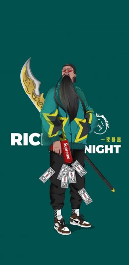 [2436x1125]潮流 关公 一夜暴富 钞票 苹果手机动漫壁纸图片