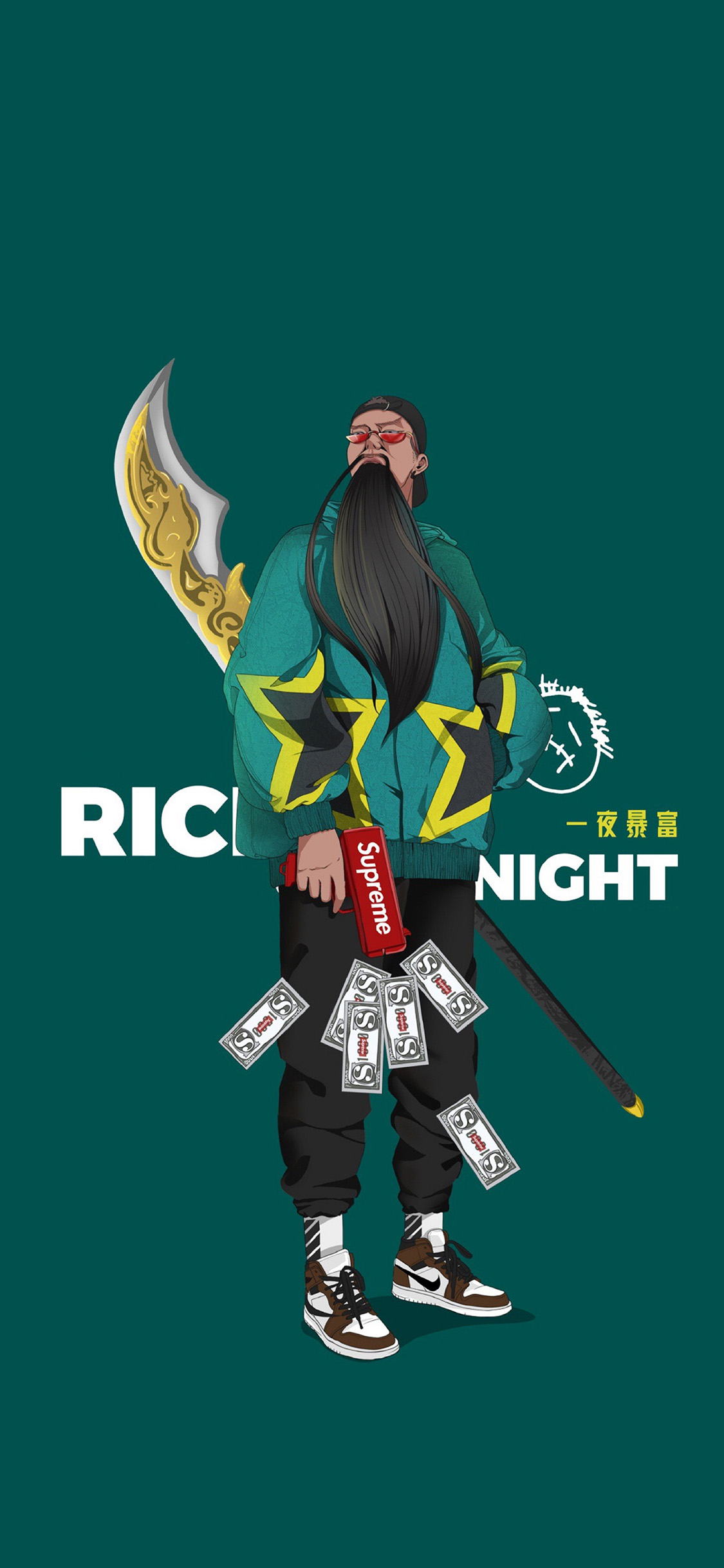 [2436×1125]潮流 关公 一夜暴富 钞票 苹果手机动漫壁纸图片