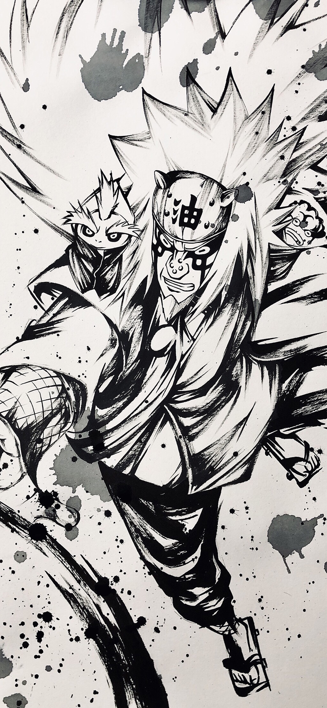 [2436×1125]火影忍者 自来也 绘画 黑白 苹果手机动漫壁纸图片