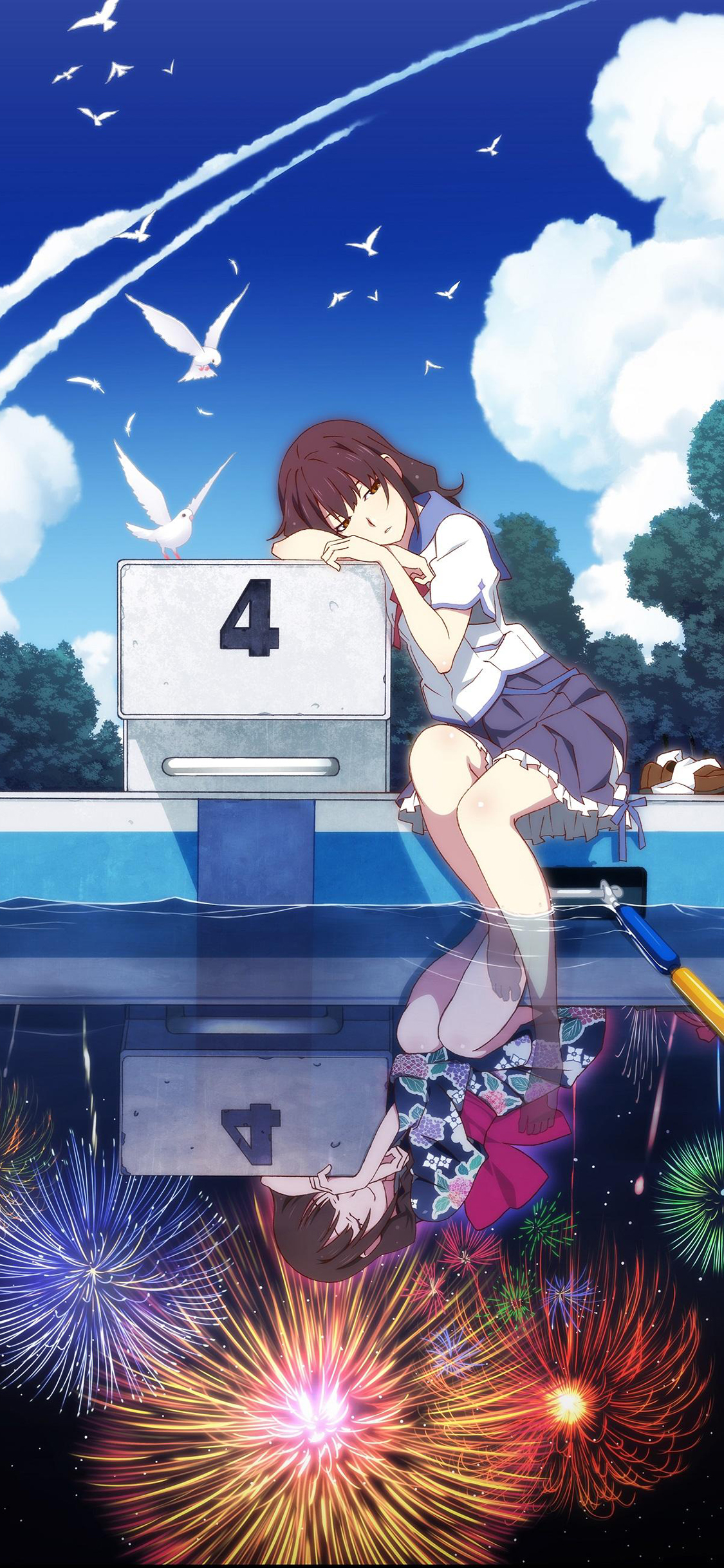 [2436×1125]烟花 漫画 电影 日本 及川奈砂 倒影 苹果手机动漫壁纸图片