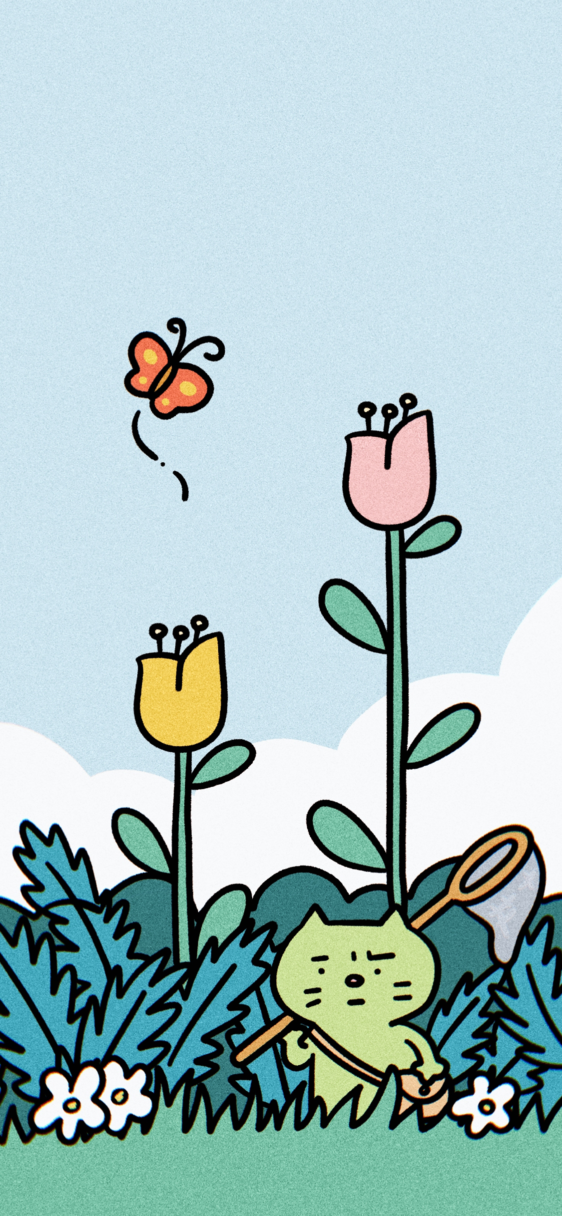 [2436×1125]焦绿猫 卡通 插画 趣味 苹果手机动漫壁纸图片