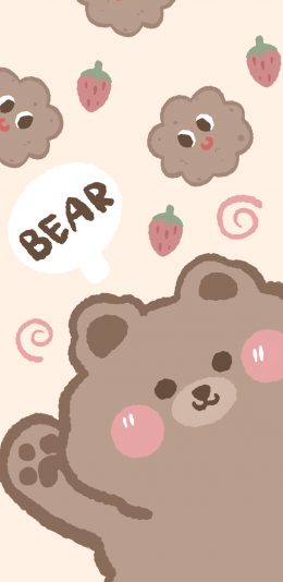 [2436x1125]熊 bear 卡通 可爱 草莓 苹果手机动漫壁纸图片