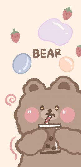 [2436x1125]熊 bear 卡通 可爱 草莓 珍珠奶茶 苹果手机动漫壁纸图片