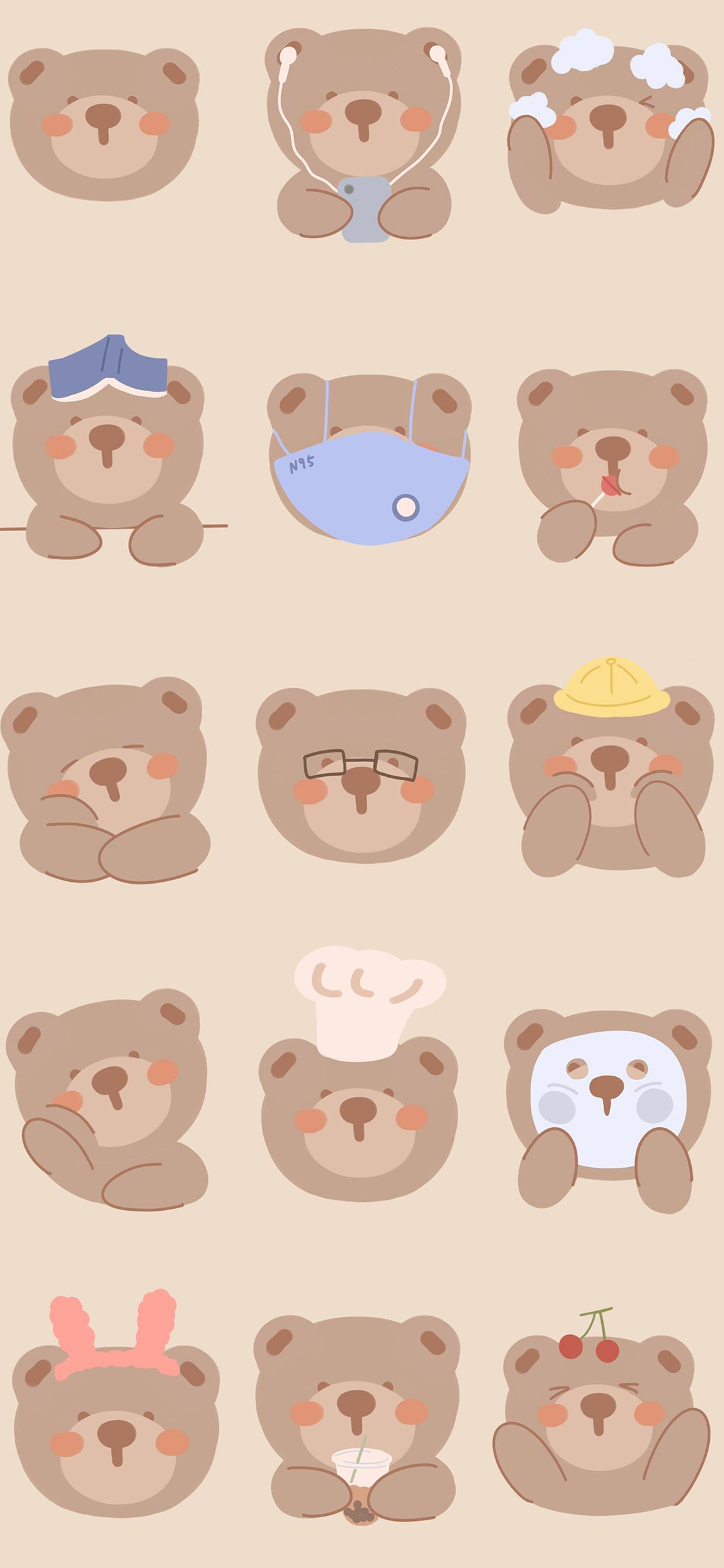 [2436×1125]熊 平铺 卡通 口罩 面膜 厨师帽 书本 苹果手机动漫壁纸图片