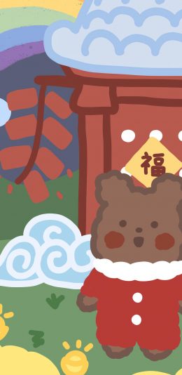 [2436x1125]熊 福 鞭炮 新年 苹果手机动漫壁纸图片