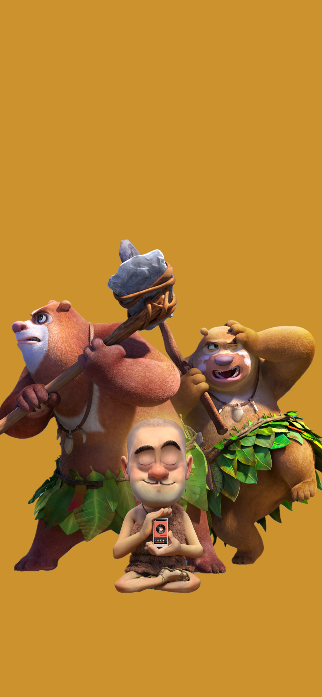 [2436×1125]熊出没 原始时代 动画 熊大 熊二 光头强 苹果手机动漫壁纸图片