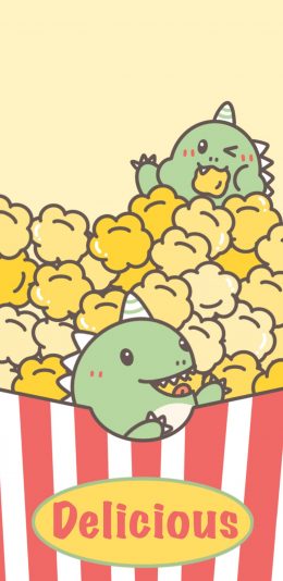 [2436x1125]爆米花 小恐龙 可爱 delicious 苹果手机动漫壁纸图片