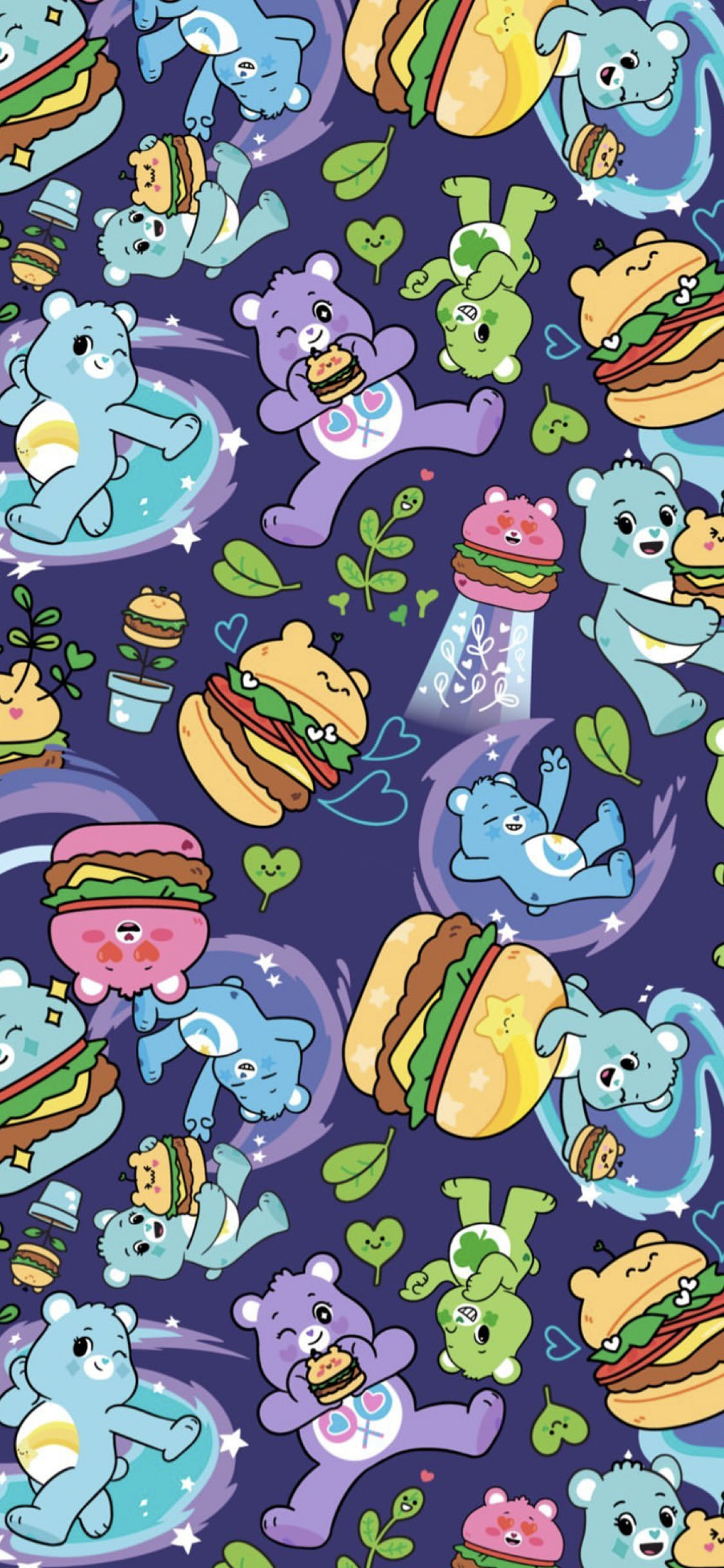 [2436×1125]爱心小熊 彩虹熊 汉堡 平铺 苹果手机动漫壁纸图片