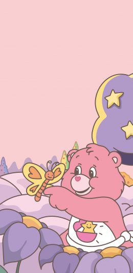 [2436x1125]爱心熊 彩虹小熊 粉色 蝴蝶 苹果手机动漫壁纸图片