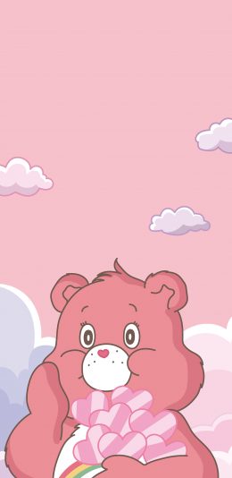 [2436x1125]爱心熊 粉色 可爱 动画 苹果手机动漫壁纸图片