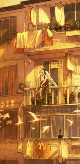 [2436x1125]爱神 男子 阳台 二次元 黄色 漫画 苹果手机动漫壁纸图片