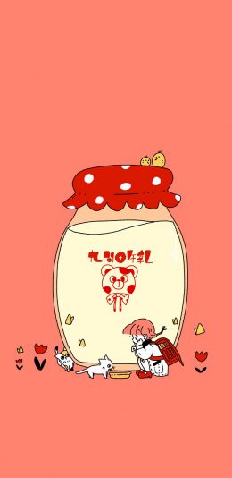 [2436x1125]牛乳 可爱 小女孩 猫咪 红色 苹果手机动漫壁纸图片