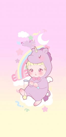 [2436x1125]独角兽 套装 卡通 可爱 粉色系 苹果手机动漫壁纸图片