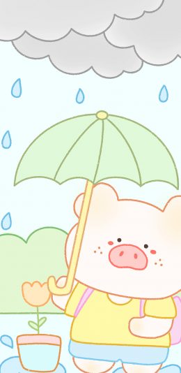 [2436x1125]猪 可爱 卡通 雨滴 苹果手机动漫壁纸图片