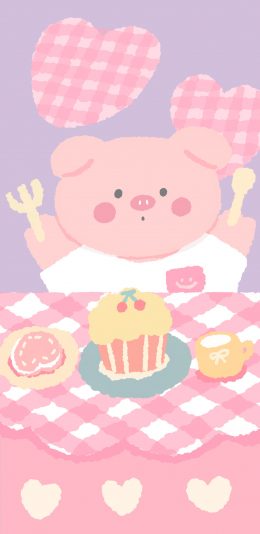 [2436x1125]猪 粉色 爱心 蛋糕 苹果手机动漫壁纸图片
