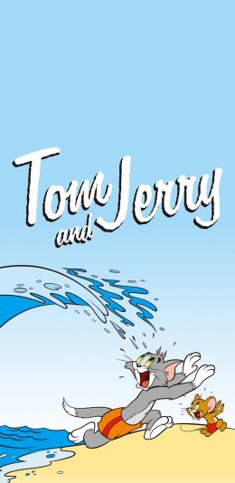 [2436x1125]猫和老鼠 Tom and Jerry 沙滩 苹果手机动漫壁纸图片
