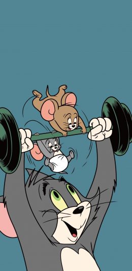 [2436x1125]猫和老鼠 杰瑞鼠 汤姆猫 动画 举重 苹果手机动漫壁纸图片