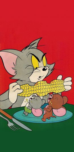 [2436x1125]猫和老鼠 汤姆猫 杰瑞 玉米 动画 苹果手机动漫壁纸图片