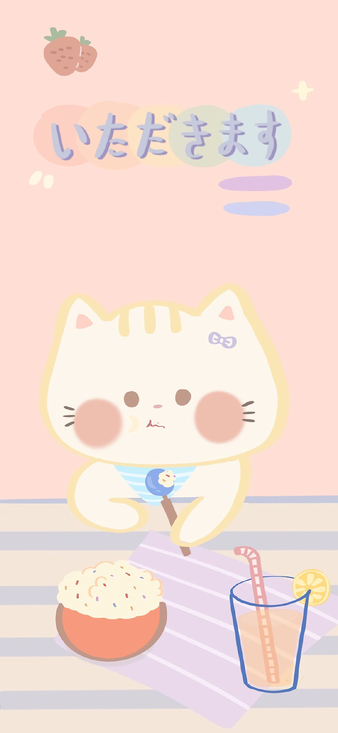 [2436×1125]猫咪 卡通 可爱 暖色 苹果手机动漫壁纸图片