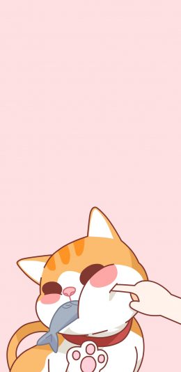 [2436x1125]猫咪 可爱 戳 手指 吃鱼 粉色 苹果手机动漫壁纸图片