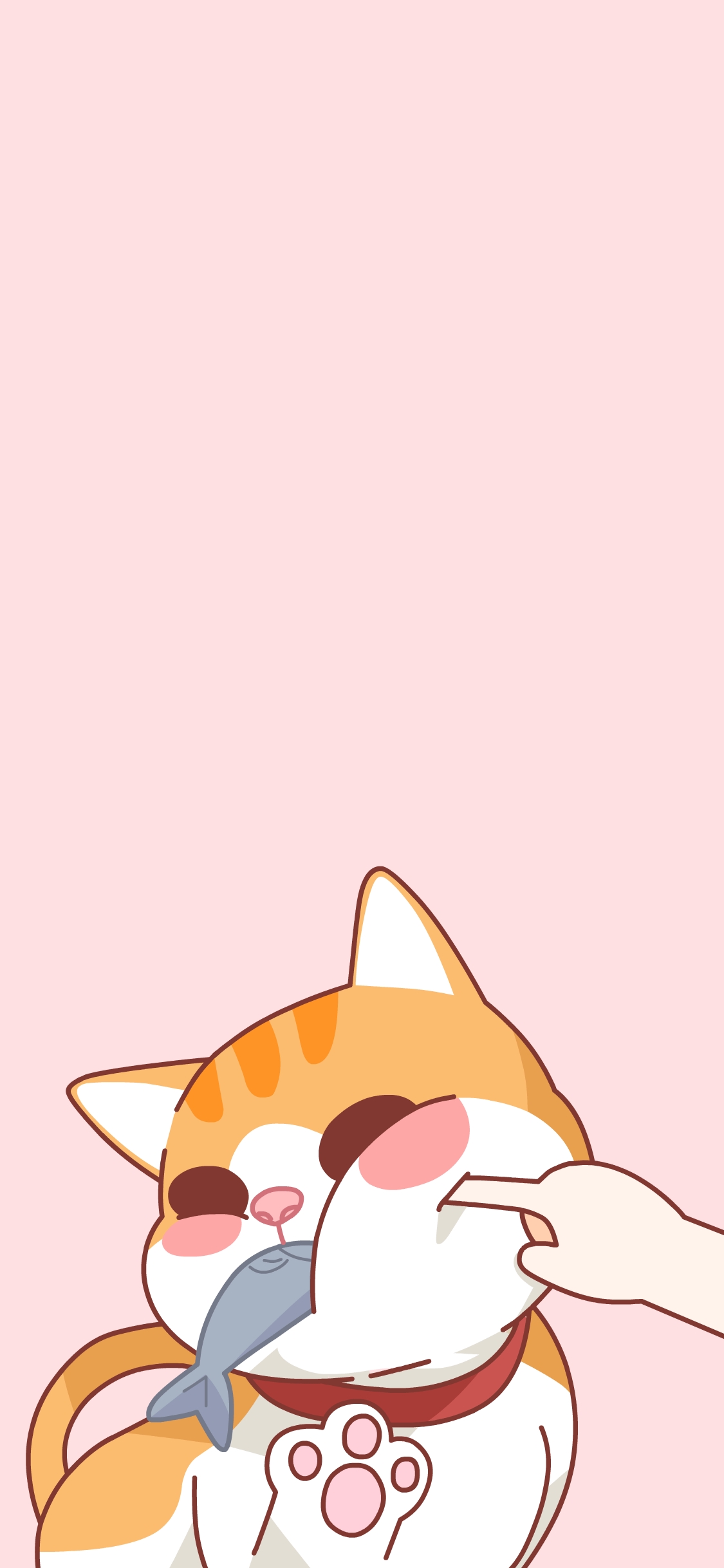 [2436×1125]猫咪 可爱 戳 手指 吃鱼 粉色 苹果手机动漫壁纸图片