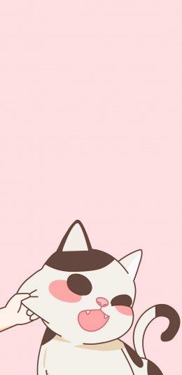 [2436x1125]猫咪 可爱 捏 掐 吃鱼 粉色 苹果手机动漫壁纸图片
