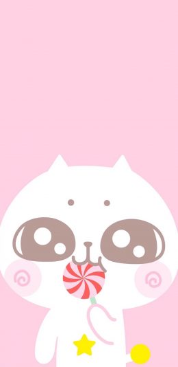 [2436x1125]猫咪 可爱 粉色 棒棒糖 卡通 苹果手机动漫壁纸图片
